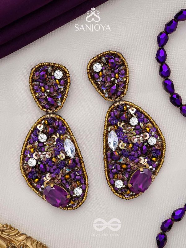  KARNIKAR- THE PURPLE FLOWER- STONE, SEQUINS AND BEADS EMBROIDERED EARRINGS (Violet & Fire Yellow)