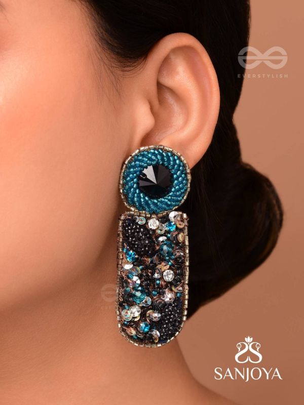 DRAVINAKA- THE FIERY- BEADS, SEQUINS AND STONE EMBROIDERED EARRINGS (Teal Blue & Midnight Black)