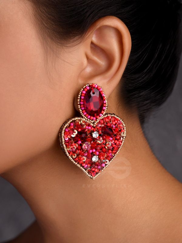  ANTASHTHA- THE HEART- STONES, SEQUINS AND BEADS EMBROIDERED EARRINGS (Crimson)