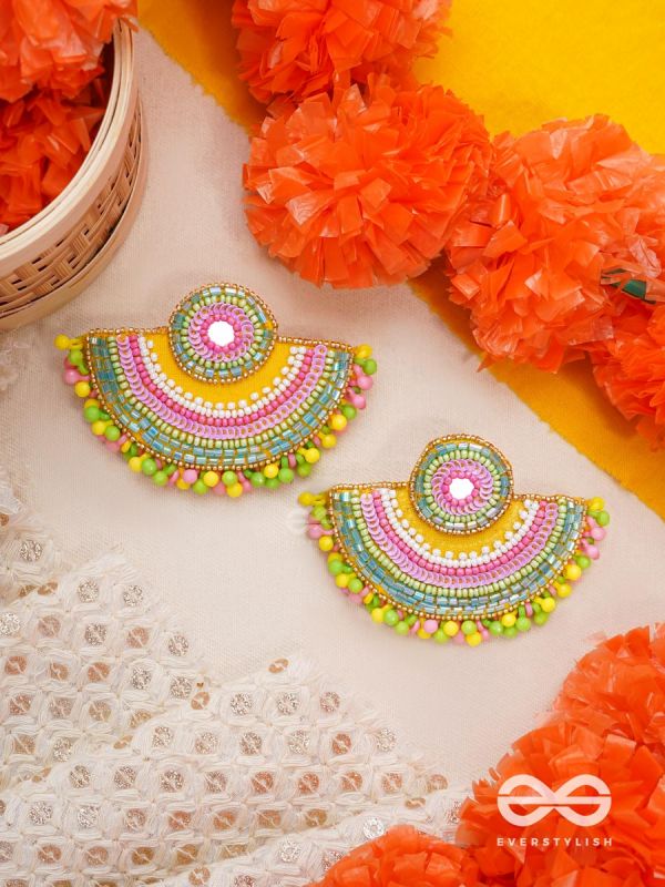 AARUNYA- THE FIRST SUNRAY- BEADS, SEQUINS AND MIRROR EMBROIDERED EARRINGS (MULTICOLOURED)