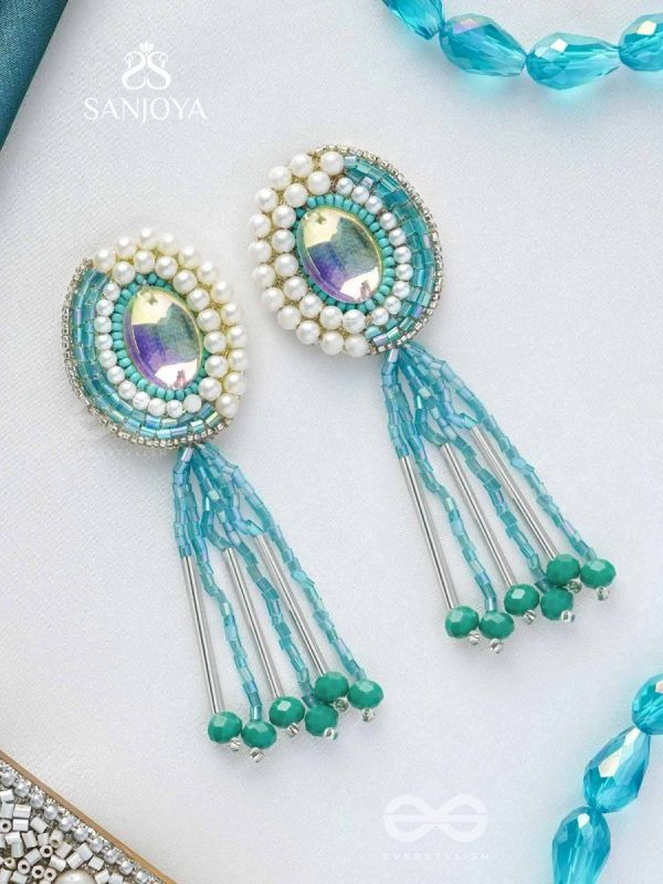 Mandalaka- The Majestic Mirror- Stone, Pearls and Beads Embroidered Earrings (Arctic Blue)