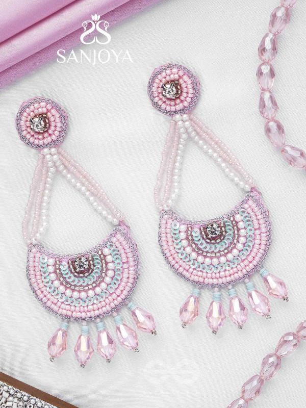 Utksiptika - The Glorious Crescent - Beads, Sequins And Glass Drops Hand Embroidered Earrings (Blush Pink & Mint Green)