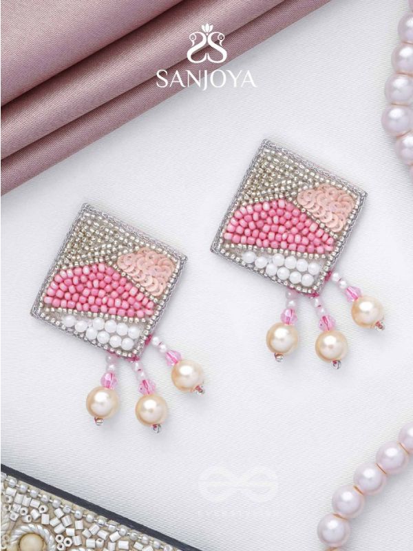 Chaturashra- The Charming Square- Beads and Pearls Embroidered Earrings (Blush & Fuchsia Pink)