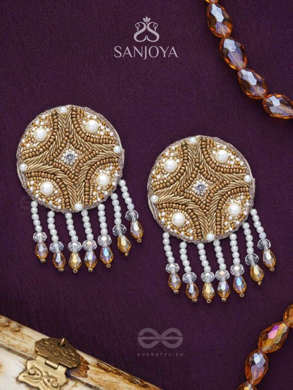 Parinataruna- The Setting Sun- Beads, Sequins, Swaroski and Glass Drops Embroidered Earrings (Copper Brown)