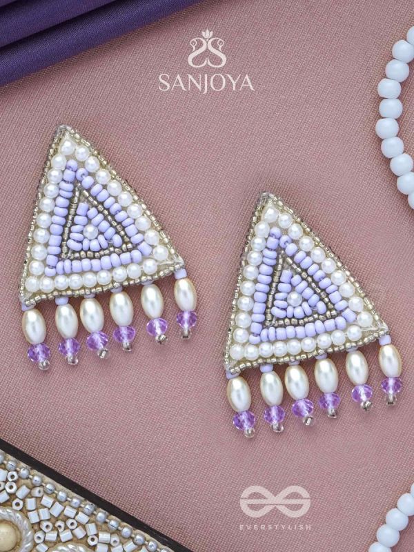 Suchyagra- The Eternal Pyramid- Pearls, Beads and Glass Beads Embroidered Earrings (Orchid Purple)