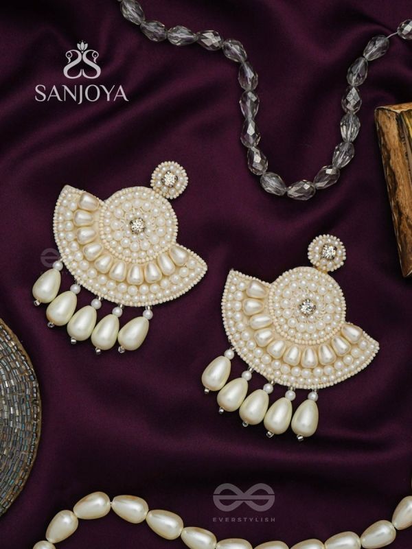 SURAMYA- THE PICTURESQUE CRESCENT- WHITE BEADS AND STONE EMBROIDERED EARRINGS