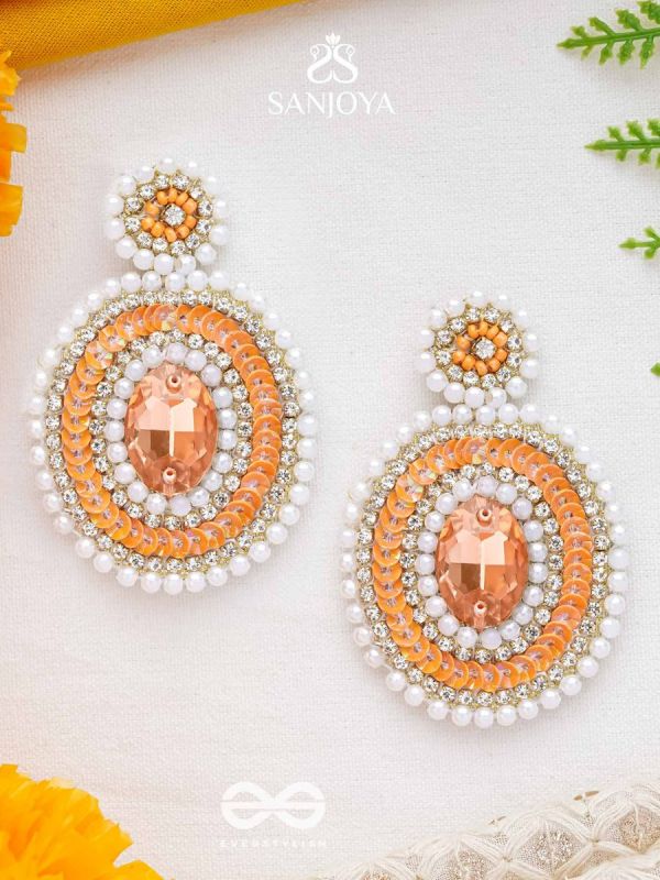 Vitanka - The Beautiful Ovals - Sequins, Stones And Beads Hand Embroidered Earrings (Carrot Orange)