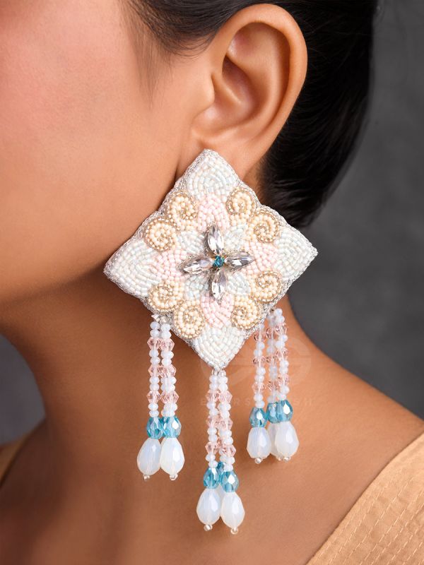 Vivarta- The Blue Sky- Stones, Glass Drops and Glass Beads Embroidered Earrings (Arctic n Teal Blue & Blush Pink)