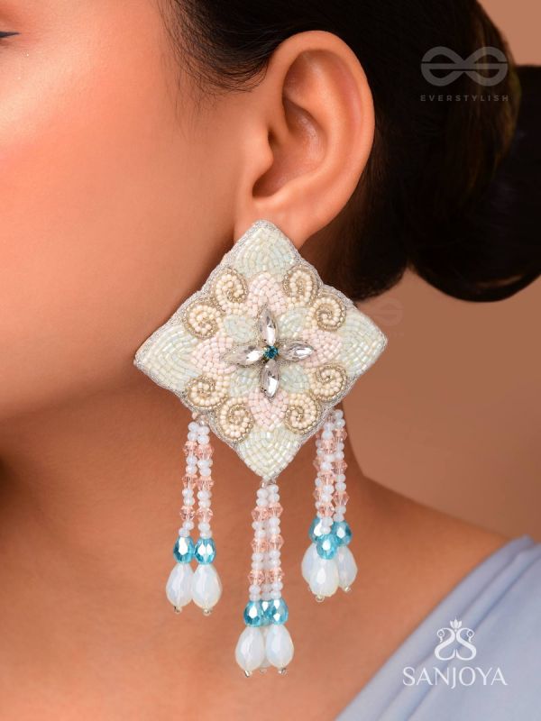 Vivarta- The Blue Sky- Stones, Glass Drops and Glass Beads Embroidered Earrings (Arctic n Teal Blue & Blush Pink)