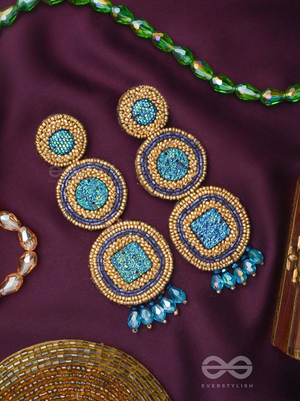 Anushna- The Blue Lotus- Glitter Stones, Glass Drops & Beads Embroidered Earrings
