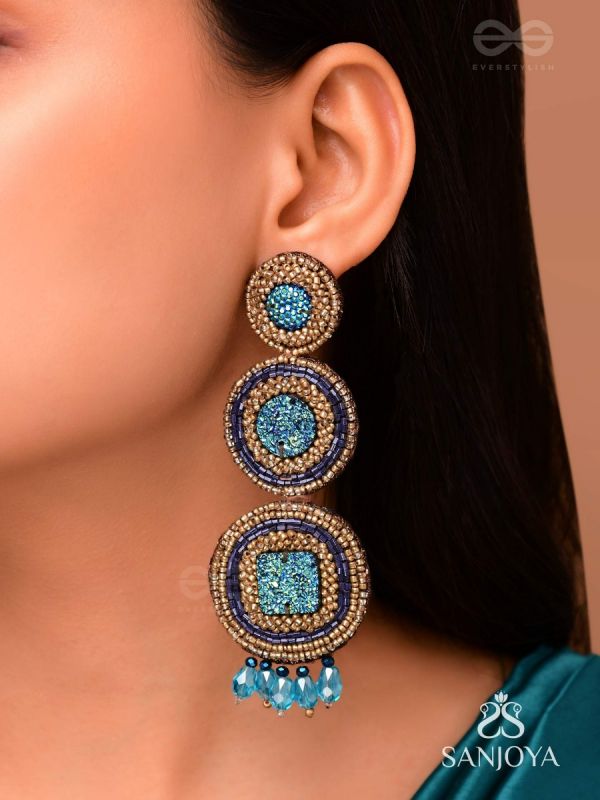 Anushna- The Blue Lotus- Glitter Stones, Glass Drops & Beads Embroidered Earrings