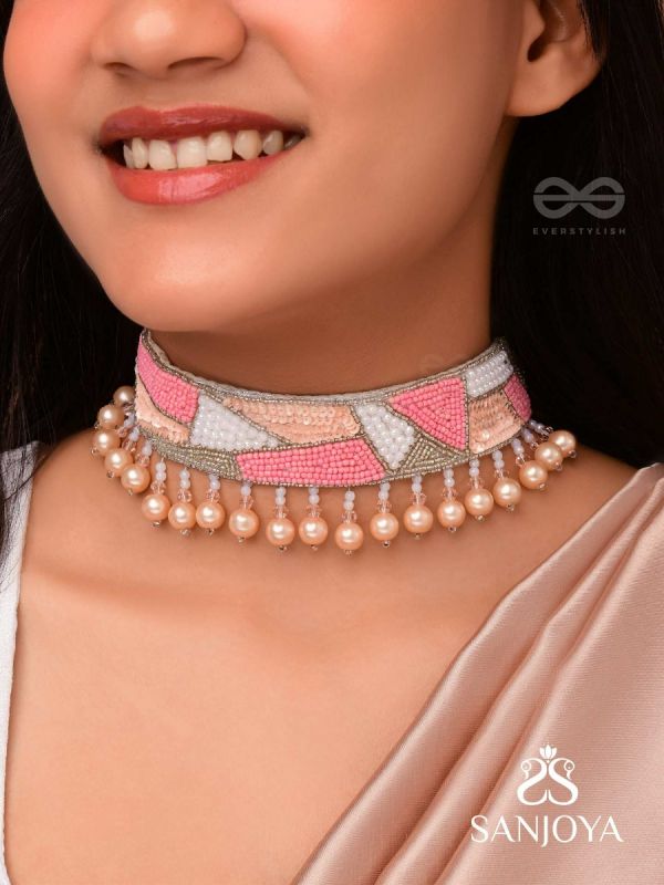 Kanishthika- The Mesmerizing Pink- Pearls, Sequins and Beads Embroidered Choker Necklace 