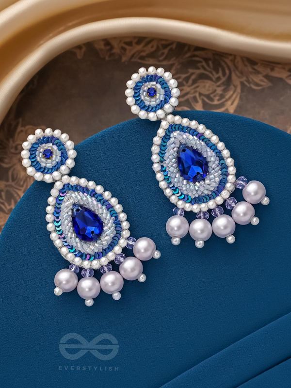Parjanya- The Raindrop- Swaroski, Pearls and Stones Embroidered Earrings (Cobalt Blue) 