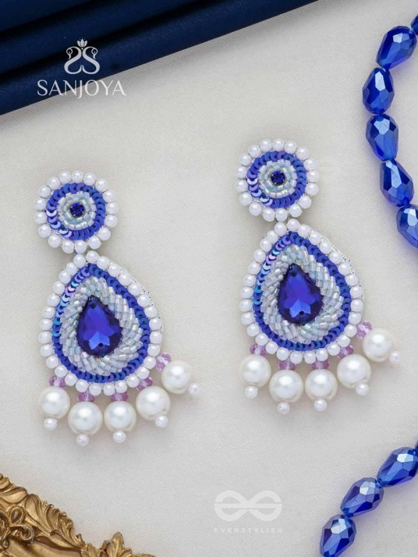 Parjanya- The Raindrop- Swaroski, Pearls and Stones Embroidered Earrings (Cobalt Blue) 