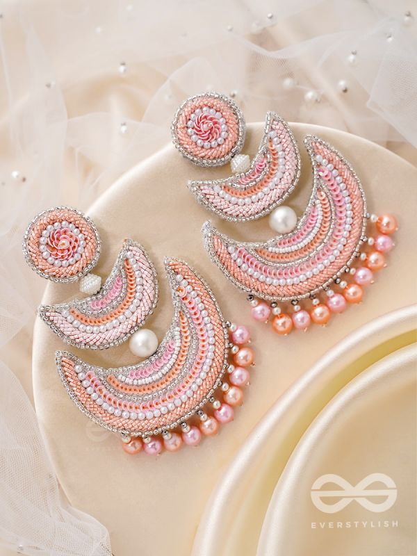 Sitasva- Dazzling Moons- Swaroski, Pearls and Sequins Embroidered Earrings (Coral Pink)
