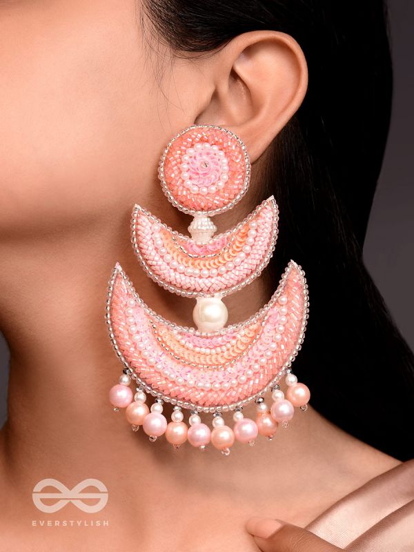 Gold Toned Handcrafted Coral Pink Pearl Earring Set with Maangtikka   FashionCrabcom