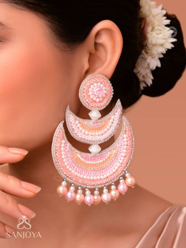 Sitasva- Dazzling Moons- Swaroski, Pearls and Sequins Embroidered Earrings (Coral Pink)