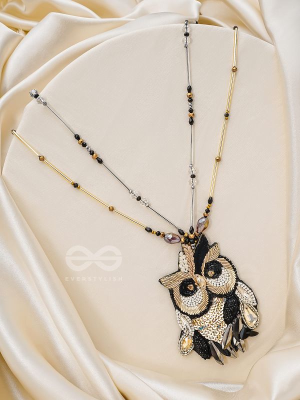Shakuneya- The Owl King- Swaroski, Sequins and Glass Beads Embroidered Necklace (Ebony Black and Golden)