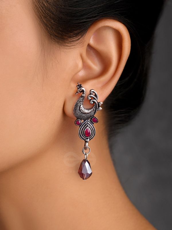 The Prancing Peacock- Embellished Oxidized Earrings (Magenta and Lavender) 