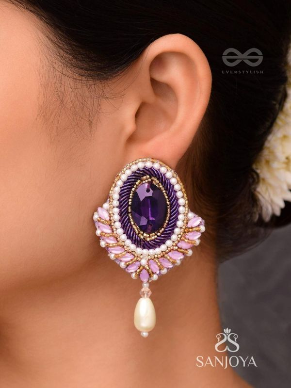 Vilohita- The Purple Elegance- Stones and Pearls Embroidered Earrings