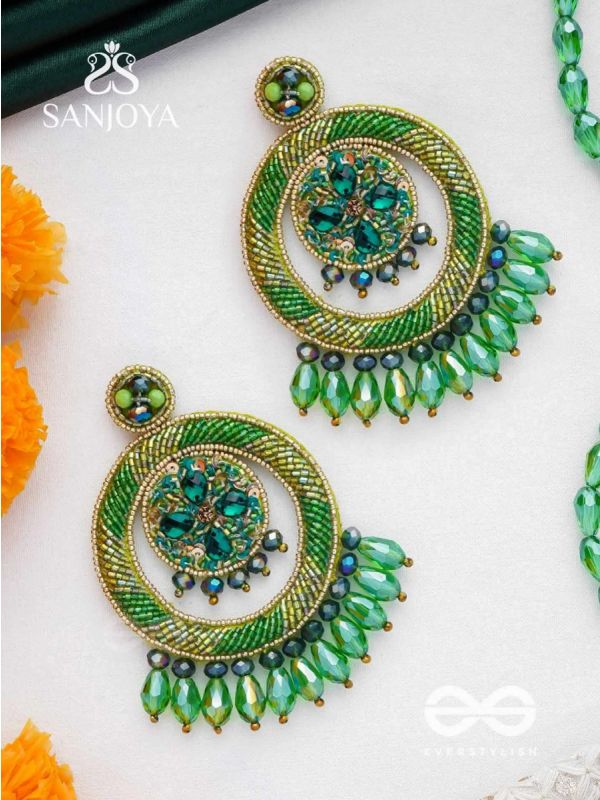 Sauparna- The Elegant Emerald- Stones and Glass Drops Embroidered Earrings