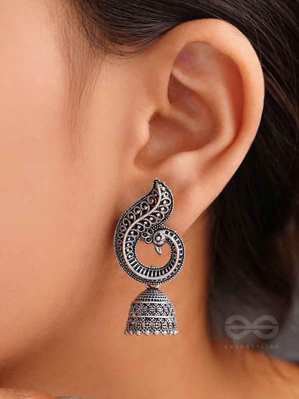 The Reclining Peacock - Oxidised Jhumka Earrings