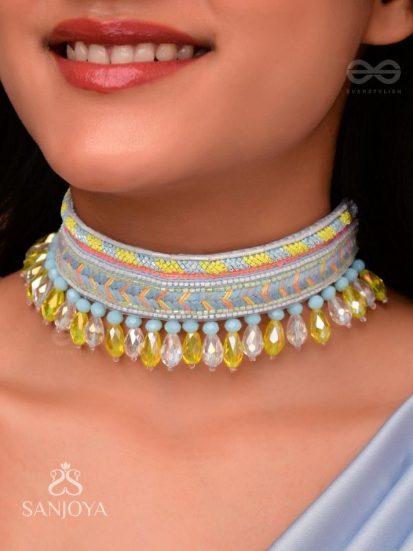 Kelih - Garden Of Sky - Pearls And Lace Hand Embroidered Choker Necklace