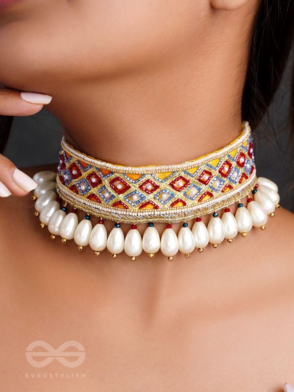 Syamika- The Magnificent Clouds- Pearls and Lace Embroidered Choker Necklace
