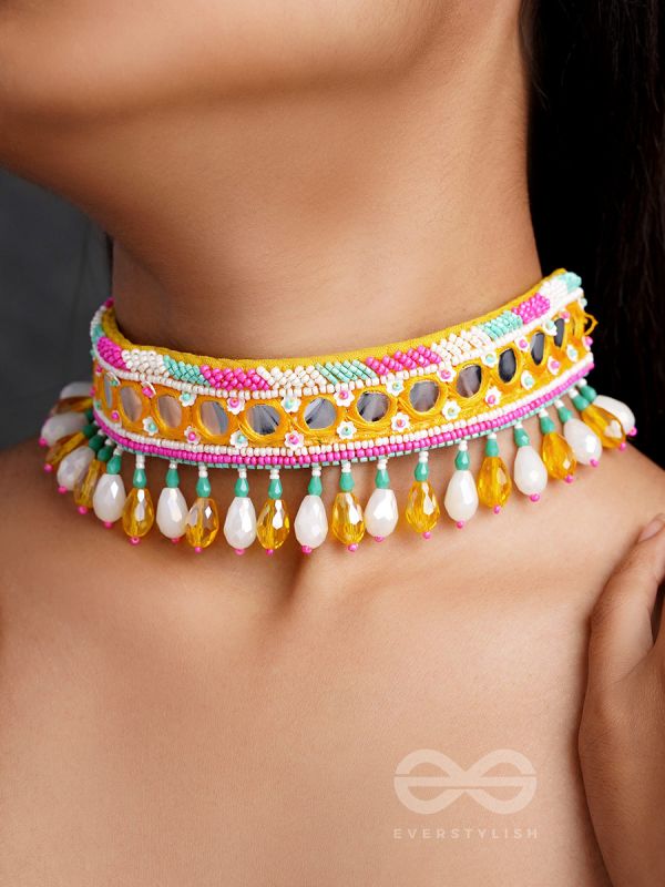 Suvarna- The Golden Stunner- Mirror Lace and Beads Embroidered Choker Necklace