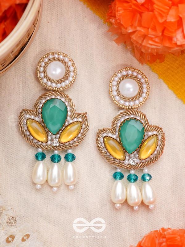 Abja- The Vibrant Lotus- Stones and Pearl Drops Embroidered Earrings