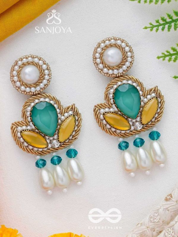 Abja- The Vibrant Lotus- Stones and Pearl Drops Embroidered Earrings