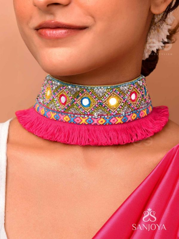 Nirmoka- The Pink Sky- Mirrors, Resham and Lace Embroidered Choker Necklace