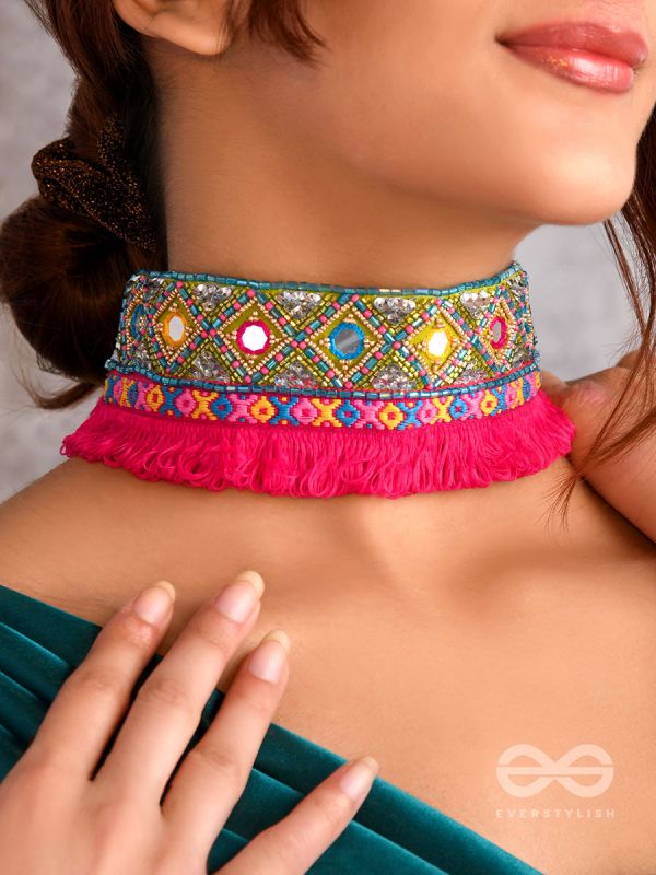Nirmoka- The Pink Sky- Mirrors, Resham and Lace Embroidered Choker Necklace