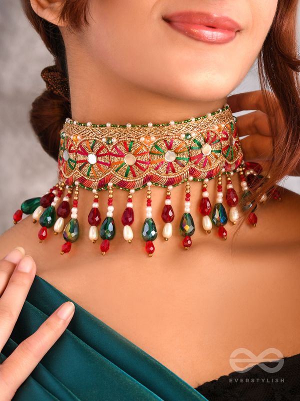 Aadibhi- Charmingly Colorful- Lace, Moti and Glass Beads Embroidered Choker Necklace