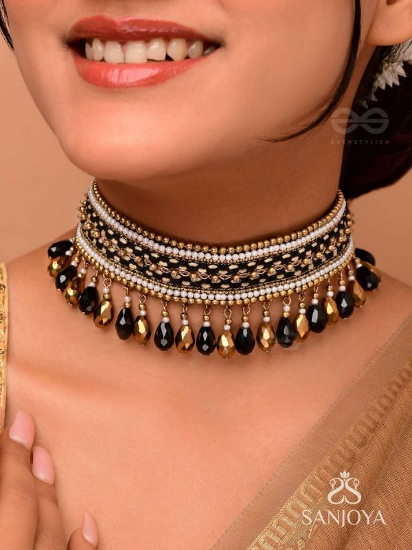 NISHAKANTA - THE BELOVED OF NIGHT - PEARLS, LACE AND GLASS DROP EMBROIDERED CHOKER NECKPIECE 