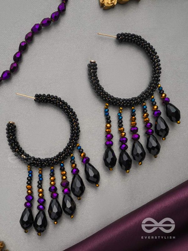Tamisra- The Melting Night- Glass Drops and Beads Embroidered Hoop Earrings