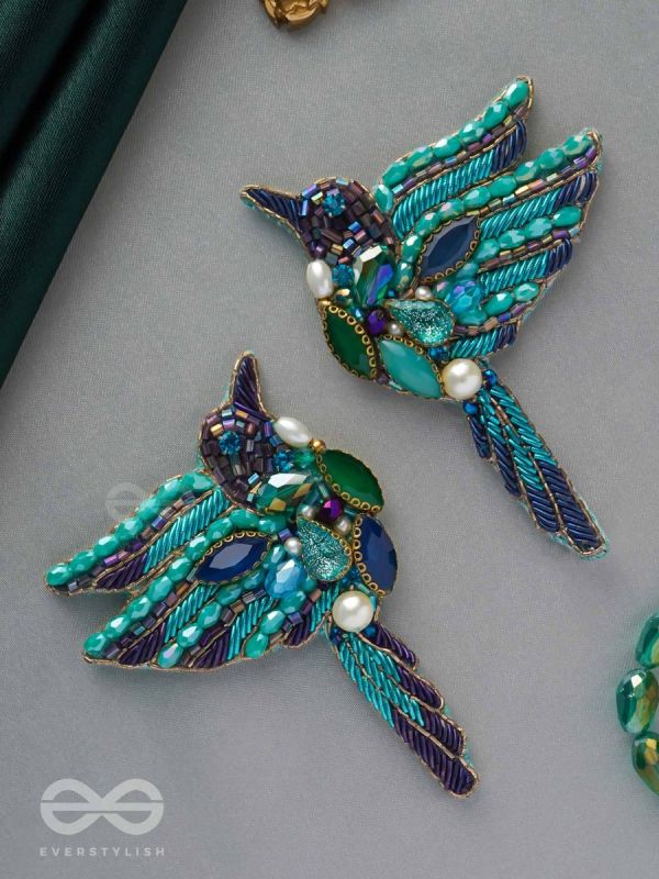 Abhraga- The Beautiful Bird- Stones, Sequins and Beads Embroidered Statement Earrings