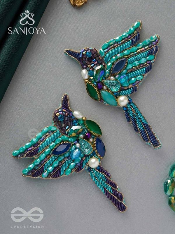 Abhraga - The Beautiful Bird - Stones, Dabka And Beads Hand Embroidered Statement Earrings