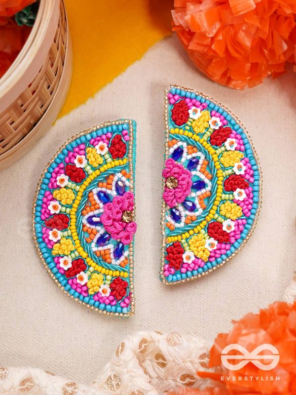 Vrittardha- The Florid Semicircle- Stones, Sequins and Resham Embroidered Stud Earrings