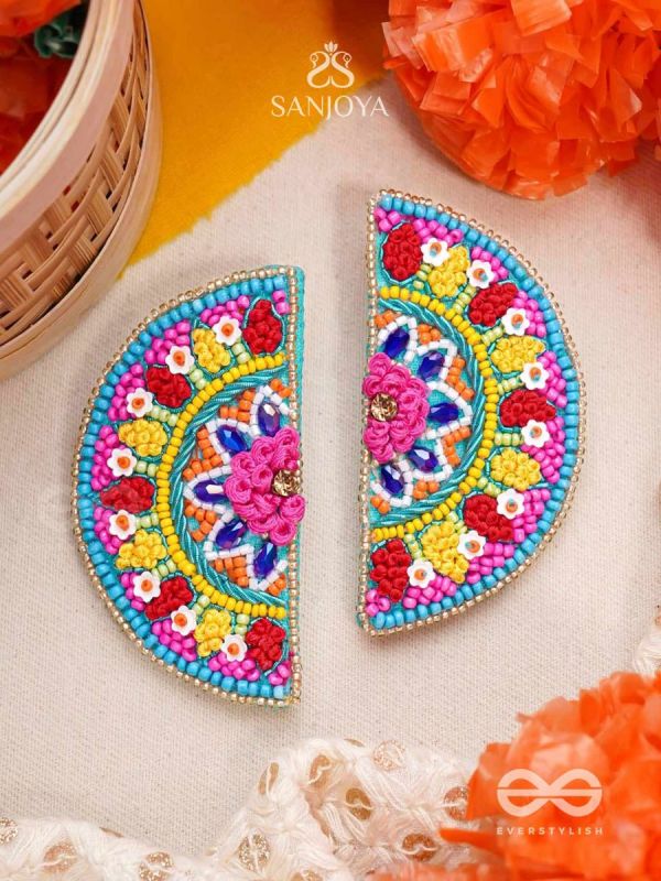 Vrittardha- The Florid Semicircle- Stones, Sequins and Resham Embroidered Stud Earrings