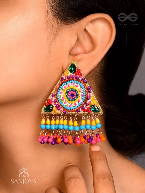 Tryashra- The Vibrant Triangle- Stones, Sequins and Resham Embroidered Stud Earrings