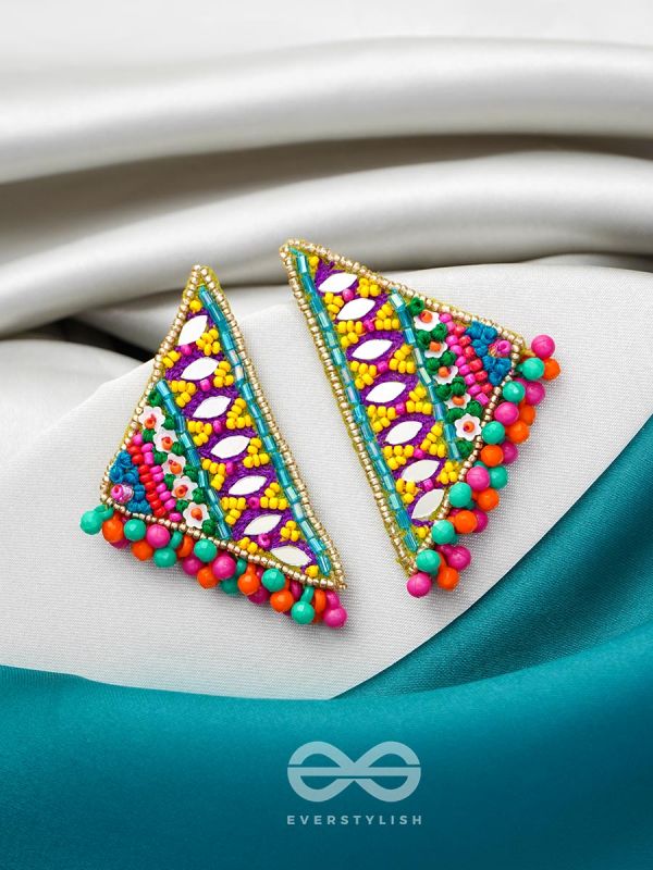 Shikharin- The Gorgeous Pyramid- Stones, Sequins and Resham Embroidered Stud Earrings