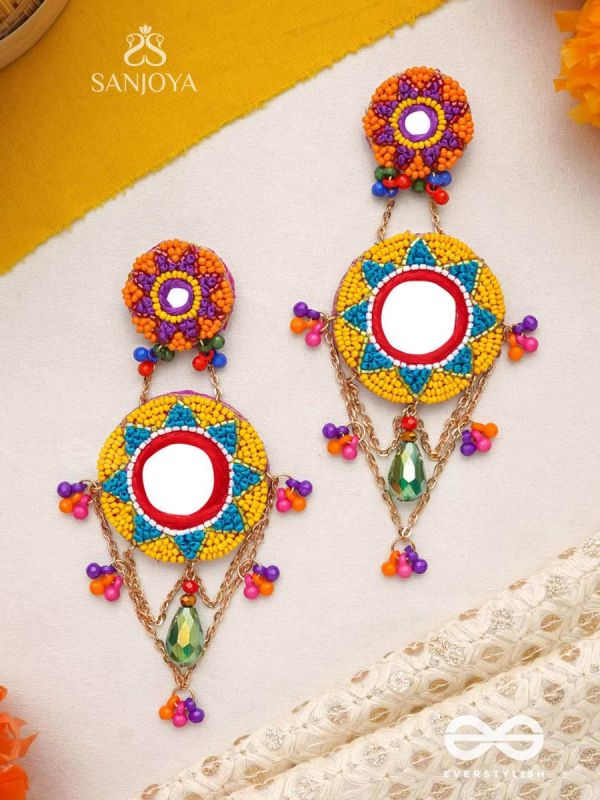 Rashmivat - The Golden Sun - Mirrors, Resham And Beads Hand Embroidered Earrings
