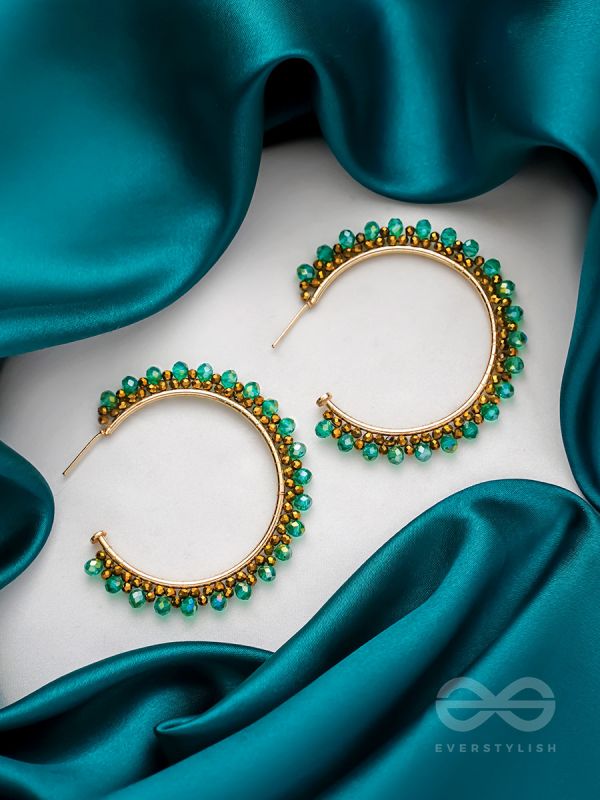The 'Jade'd Sun- Golden Embellished Hoop Earrings