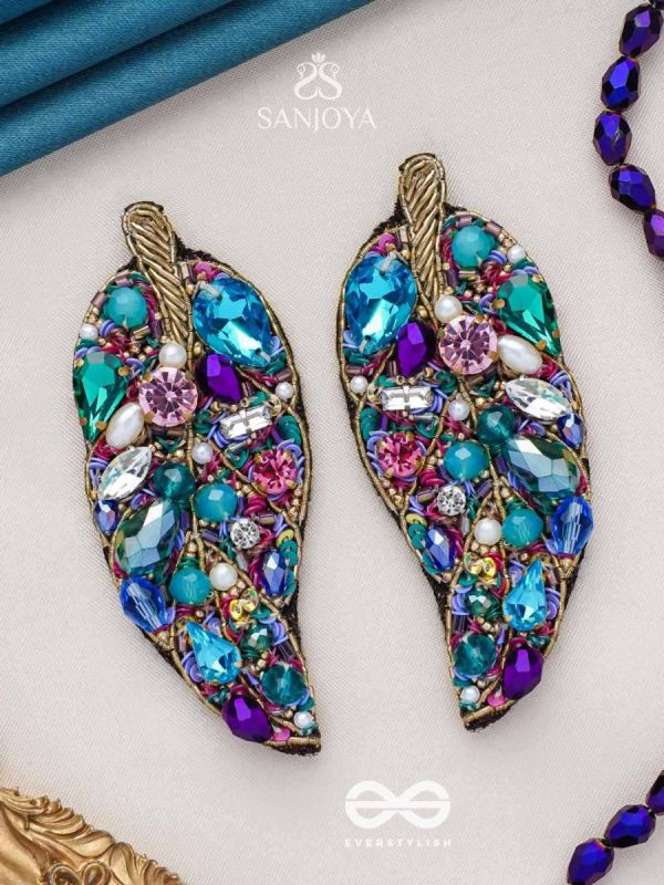 Parnila- The Lovely Leaf- Stones, Sequins and Glass Beads Embroidered Stud Earrings