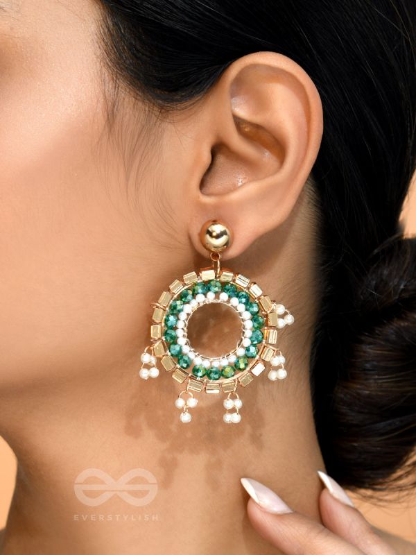 The Emerald Orbits- Golden Embellished  Earrings