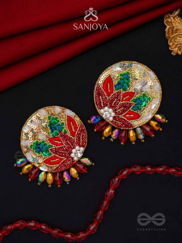 Surangi - The Red Flower Tree - Resham, Cutdana And Sequins Hand Embroidered Earrings