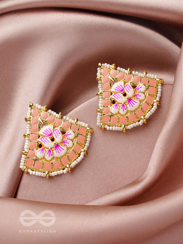 The Lotus Temple- Enamelled Statement Stud Earrings(Blush Pink)