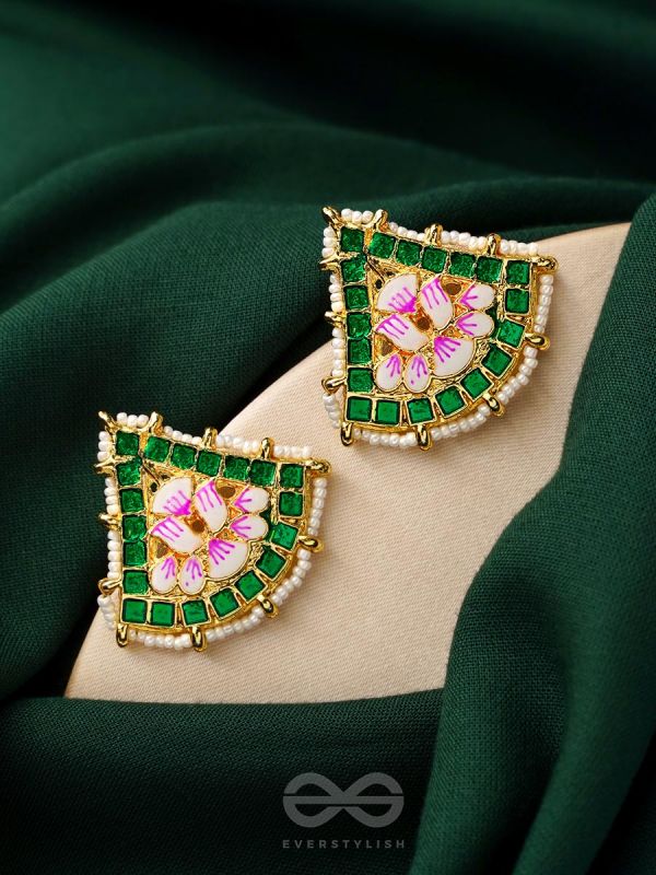 The Lotus Temple- Enamelled Statement Stud Earrings(Forest Green)