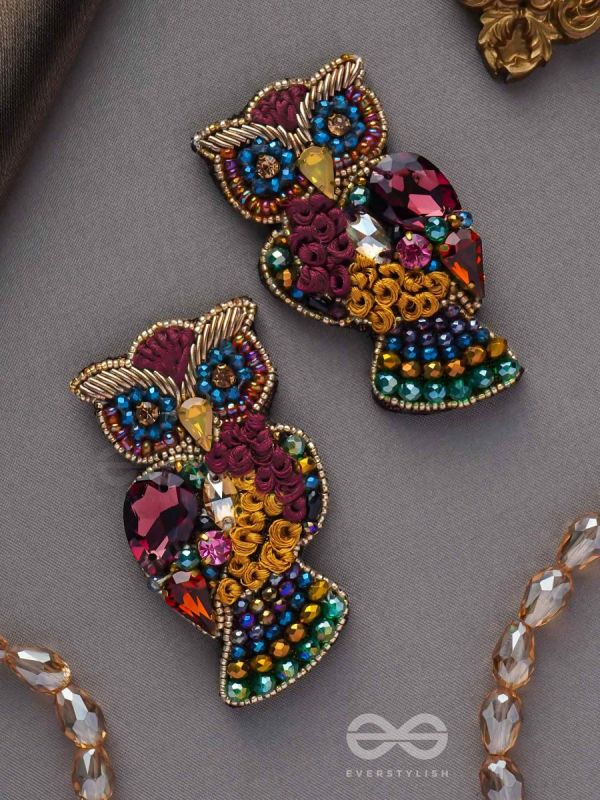 Krushika- The Majestic Owl- Stones, Resham and Sequins Embroidered Earrings
